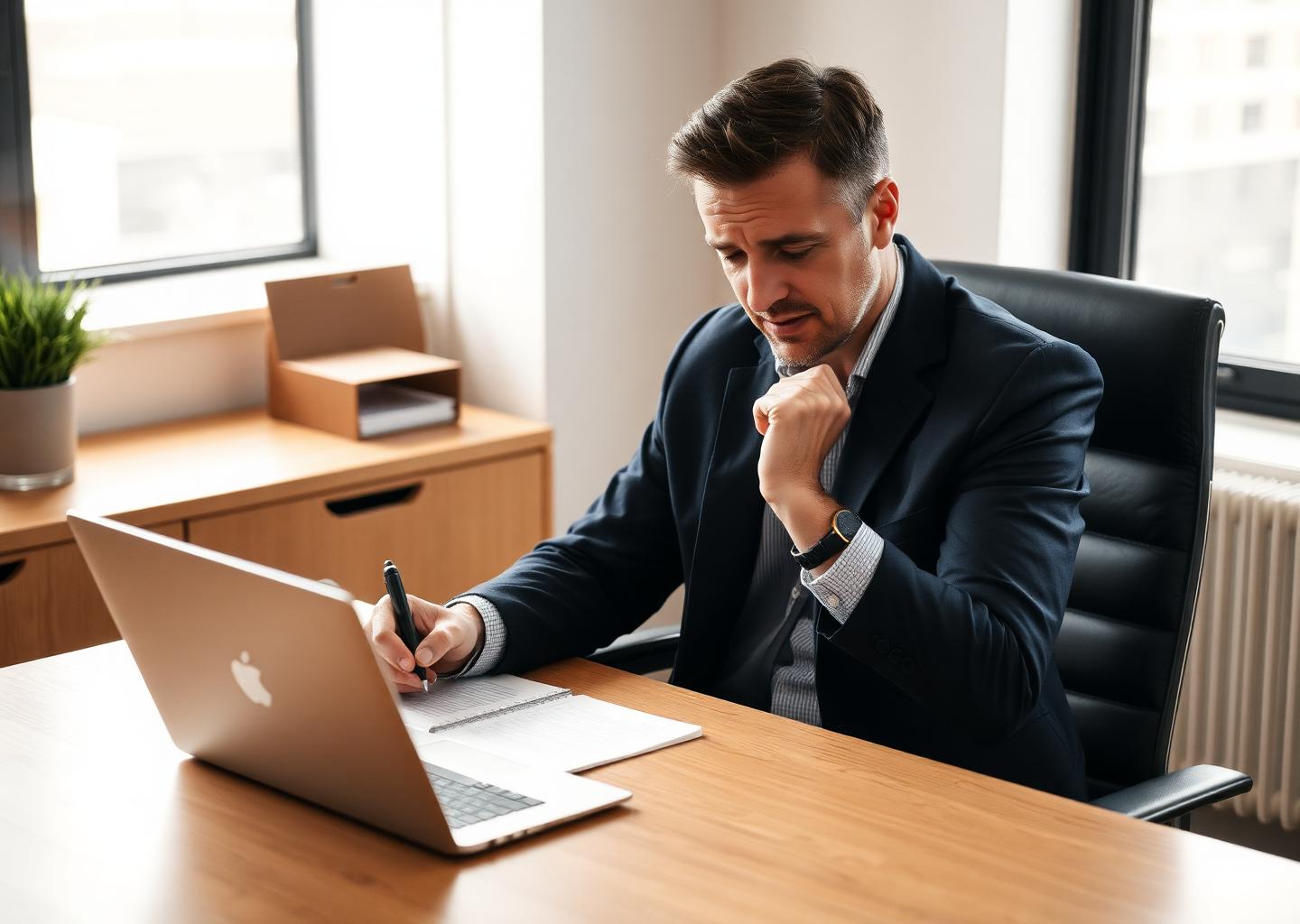 A manager alone at a desk preparing notes before a difficult conversation