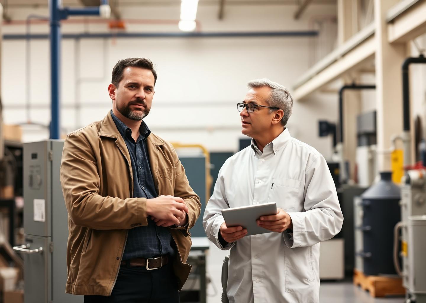 An operations manager and a technical specialist talking beside equipment