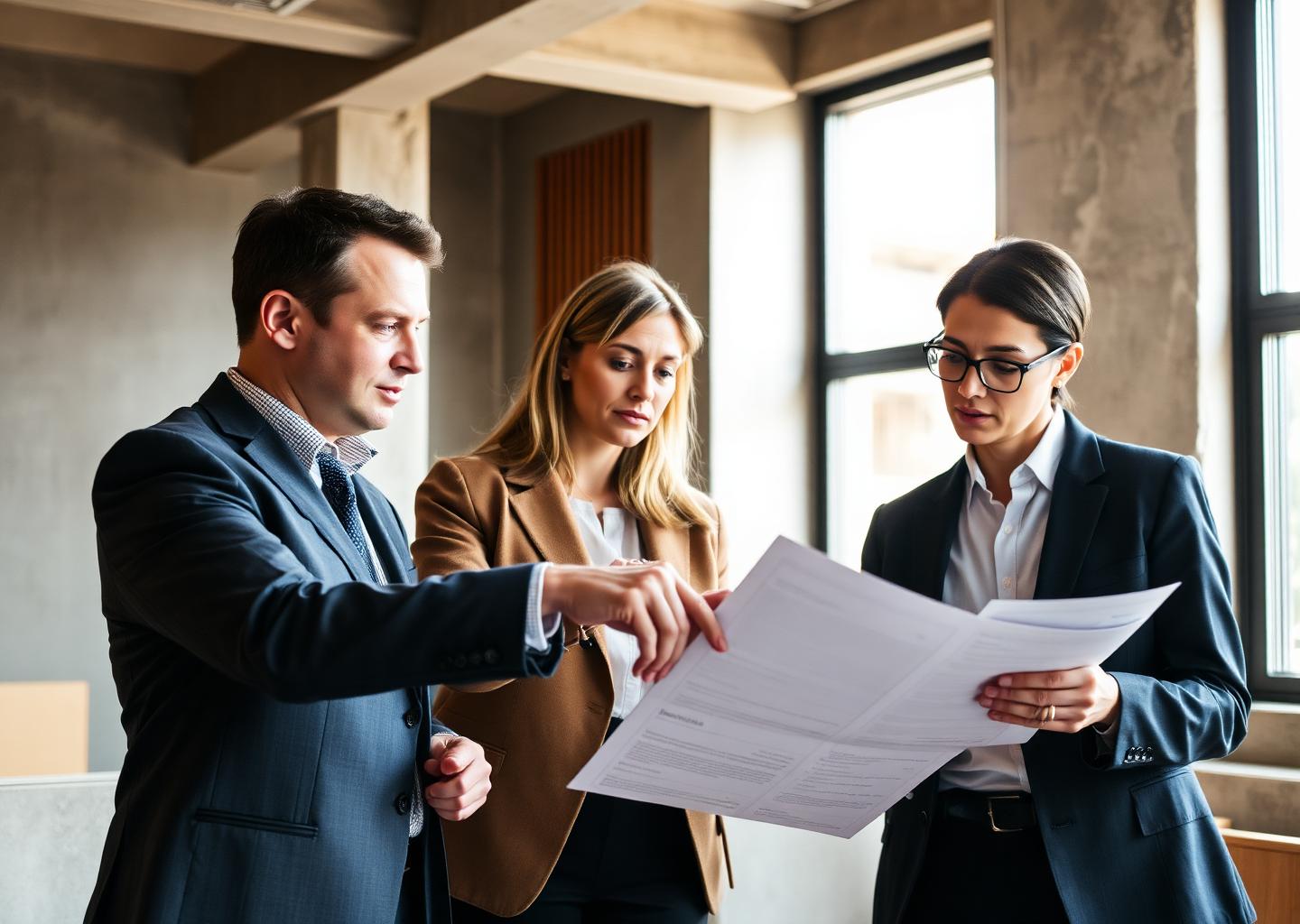 Three professionals reviewing printed policy documents together