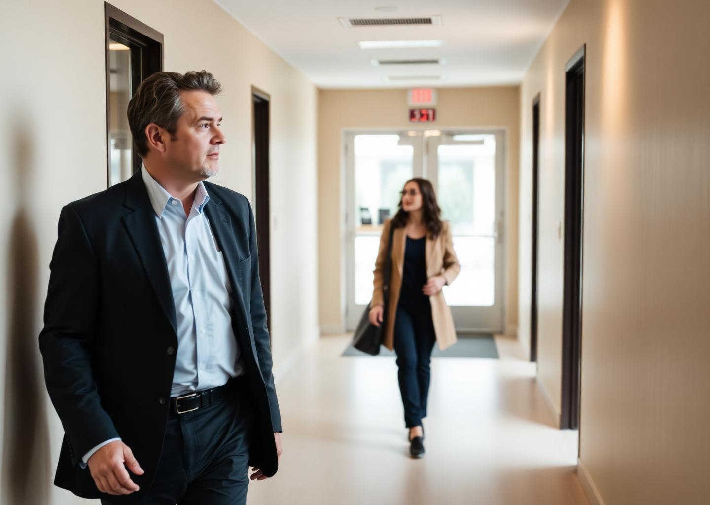 A senior executive walking a corridor with an emerging leader