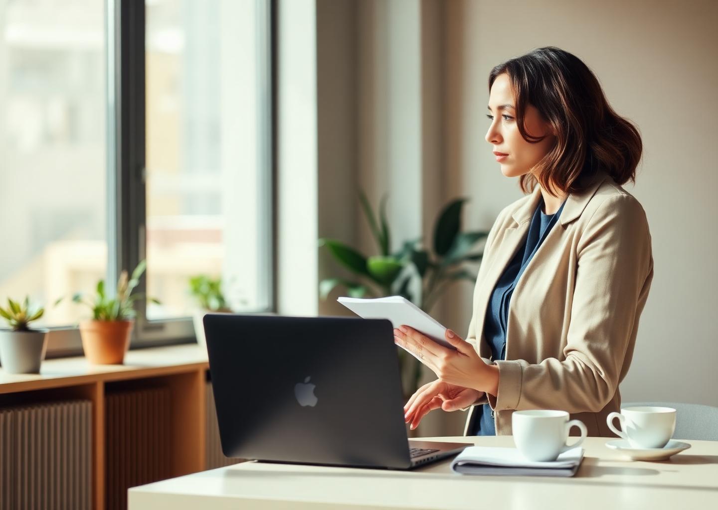A manager pausing to think at a standing desk with a laptop and notebook