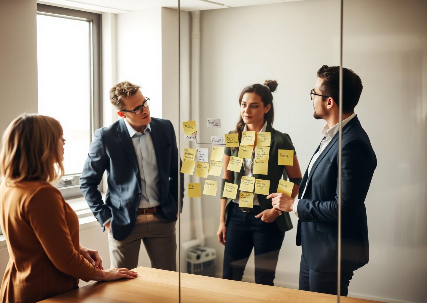 Colleagues mapping roles with sticky notes on a glass meeting-room wall