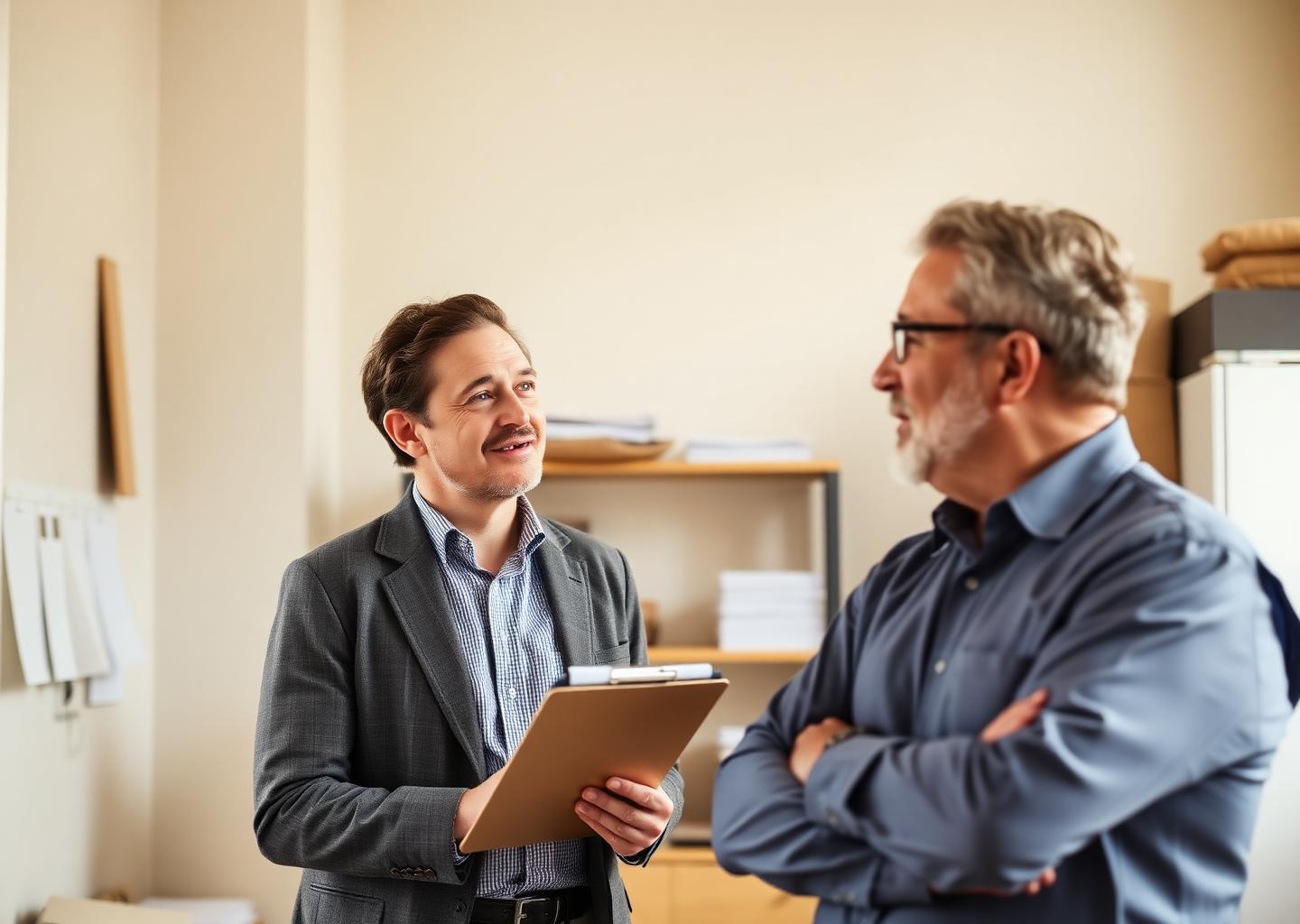A small business owner talking with a long-tenured employee in a back office