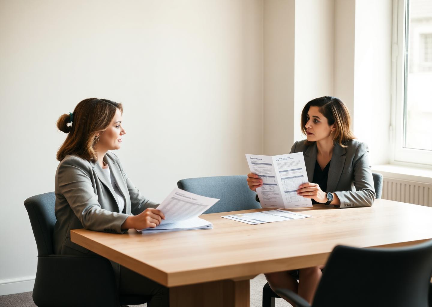 Two leaders reviewing printed talent-review pages at a conference table